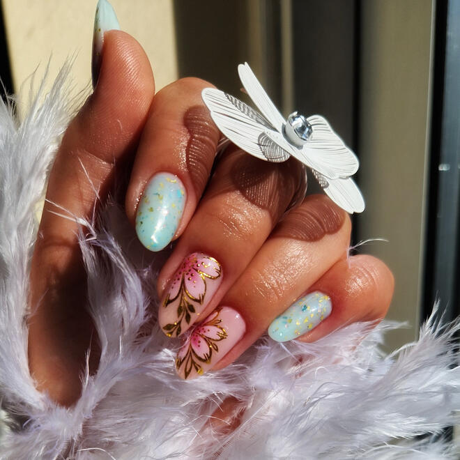 Blossom and Blue. Intricate floral artwork and sunny pastels for a look that is truly unforgettable.